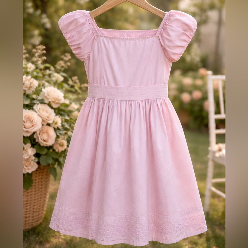 Girls' Light Pink Puff-Sleeve Casual Dress with Square Neckline